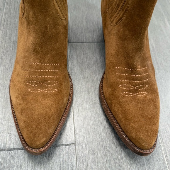 MAJE Farwest Suede Cowboy Boots Size 41 10.5 Tan Camel 70s Western Ankle Booties - Picture 9 of 16